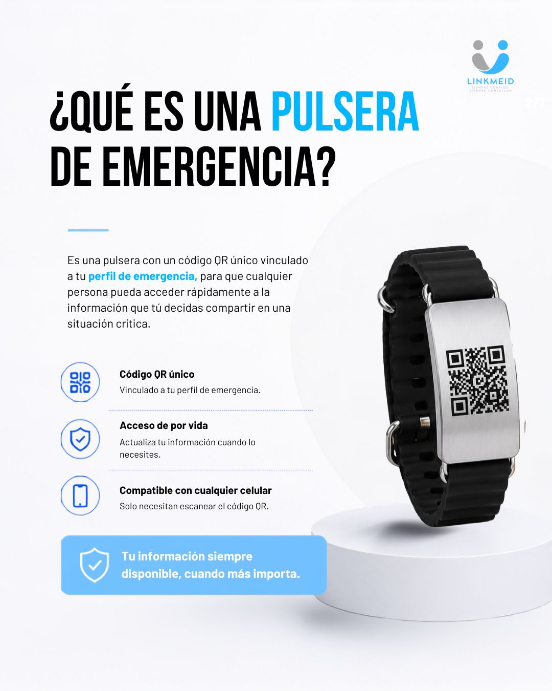 Características de la pulsera de emergencia LinkMeID con código QR