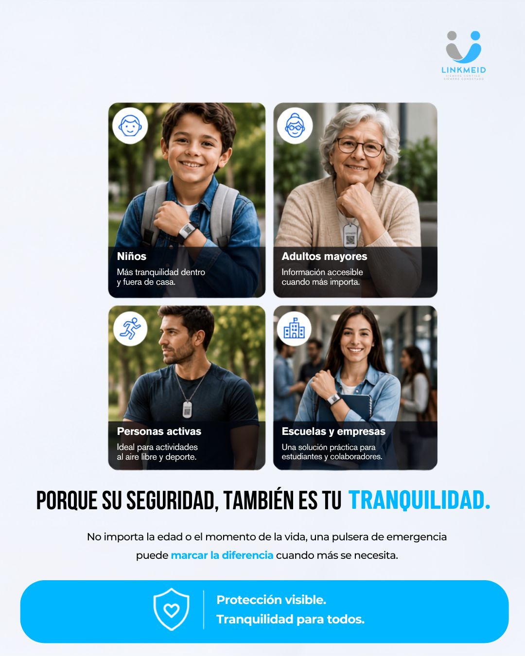 Usos de LinkMeID para niños, adultos mayores, deportistas, escuelas y empresas